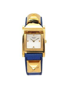 Hermes Medor Vintage Watch Pyramid Gold Studs White Leather Quartz